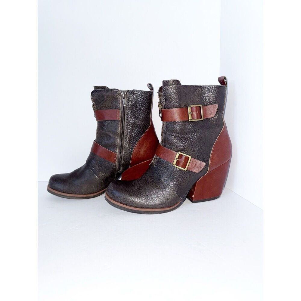Korks Richard Two Toned Brown Bootie Pebbled Leather Ankle Boot Strap Chunky 7.5